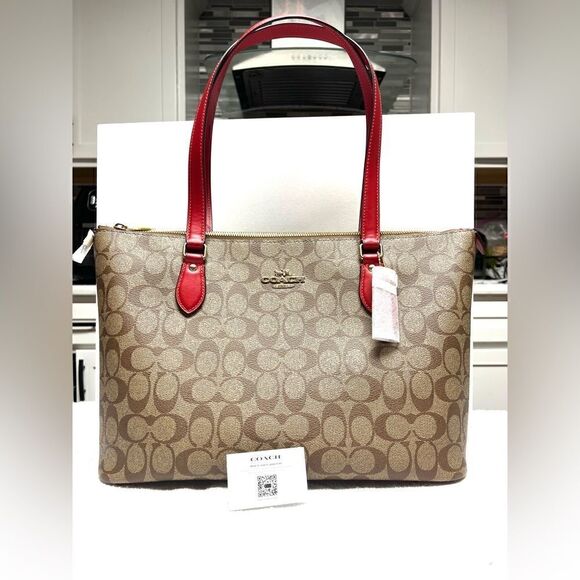 🔥🎁NWT! Coach Gallery Tote Handbag Khaki/Electric Red Msrp:$378.00 - Picture 4 of 12